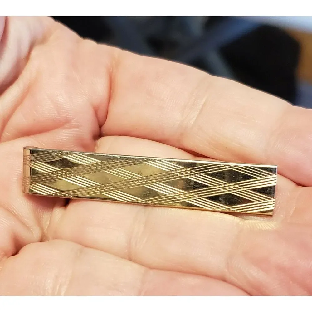 Vintage Diamond Patterned Tie Clip Mid-Century Gold‎ Tone Tie Bar cl-